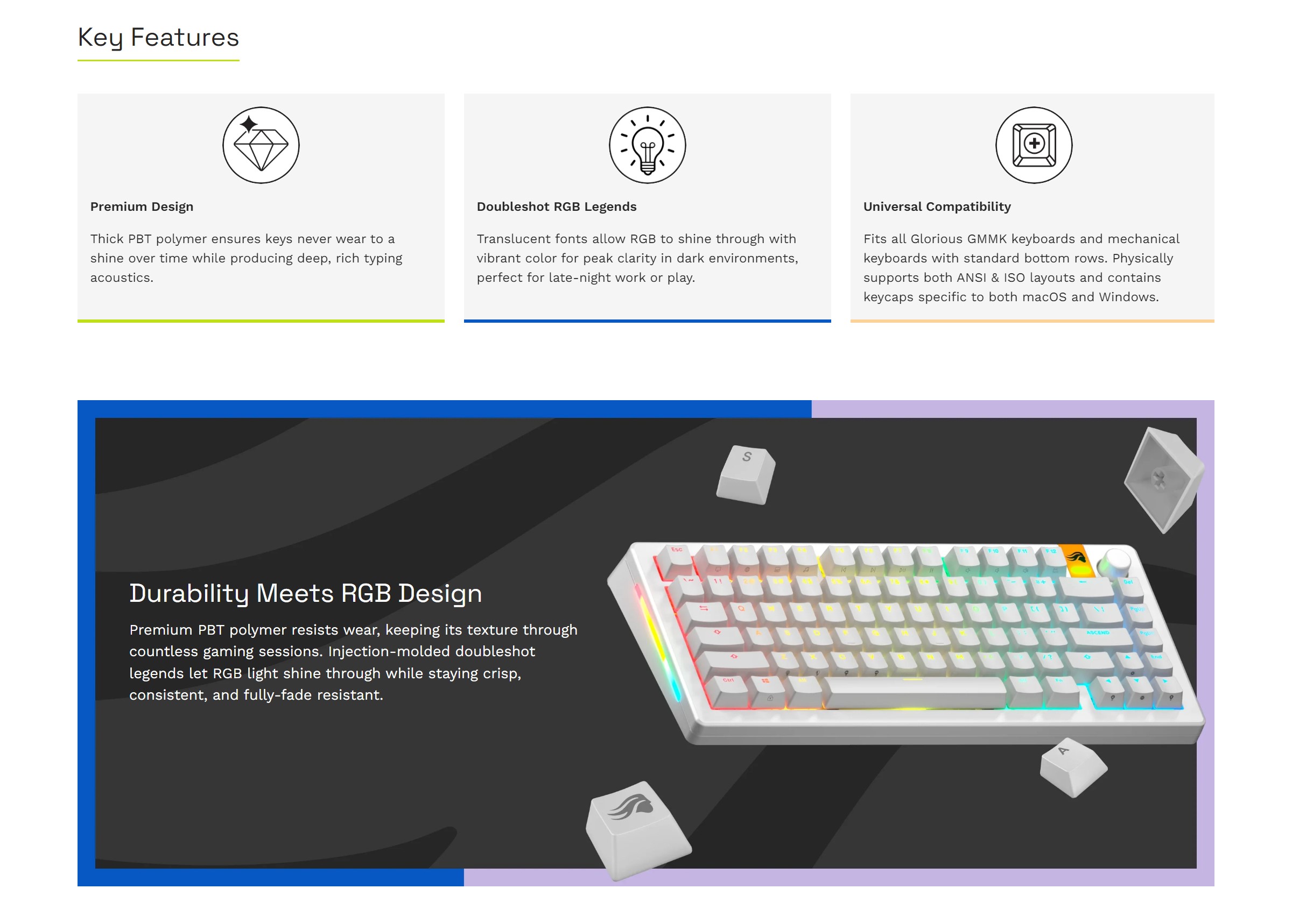 A large marketing image providing additional information about the product Glorious GPBT Backlit Keycaps - White - Additional alt info not provided